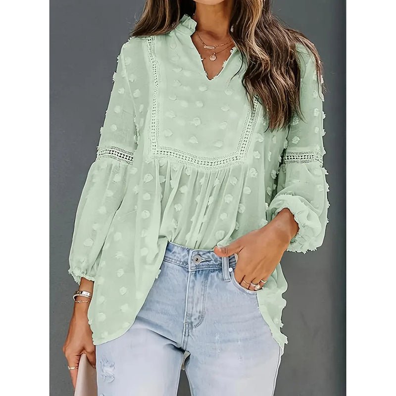 Women’s long-sleeve V-neck business casual blouse by Plush Fashion Hub, shown in soft fabric with a relaxed fit.