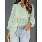 Women’s long-sleeve V-neck business casual blouse by Plush Fashion Hub, shown in soft fabric with a relaxed fit.