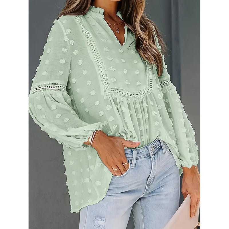 Women’s long-sleeve V-neck business casual blouse by Plush Fashion Hub, shown in a stylish, comfortable fit suitable for office wear.
