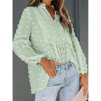 Women’s long-sleeve V-neck business casual blouse by Plush Fashion Hub, shown in a stylish, comfortable fit suitable for office wear.