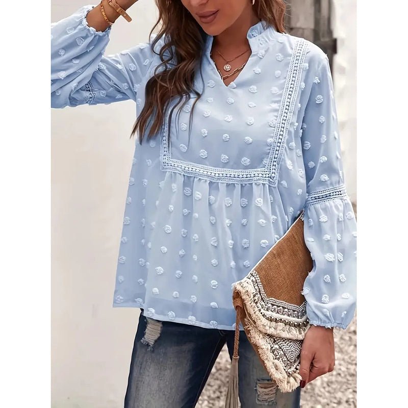 Women’s long-sleeve V-neck business casual blouse by Plush Fashion Hub, featuring a stylish and comfortable design for office wear.