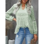 Women’s long-sleeve V-neck business casual blouse by Plush Fashion Hub, featuring a fitted design and soft fabric.