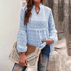 Women’s long-sleeve V-neck casual blouse by Plush Fashion Hub, featuring a relaxed fit and versatile business casual style.