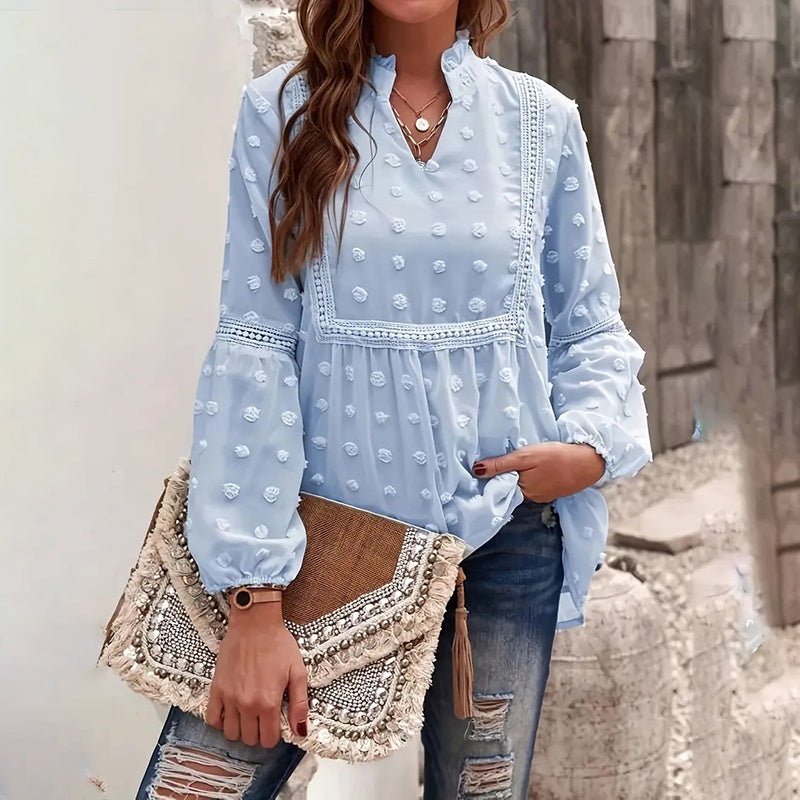 Women’s long-sleeve V-neck casual blouse by Plush Fashion Hub, featuring a relaxed fit and versatile business casual style.