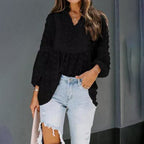 Women’s long-sleeve V-neck business casual blouse by Plush Fashion Hub, shown in a relaxed fit with a soft fabric and stylish design.