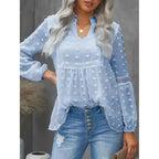 Women’s long-sleeve V-neck casual blouse by Plush Fashion Hub, featuring a fitted design and classic style for business casual wear.