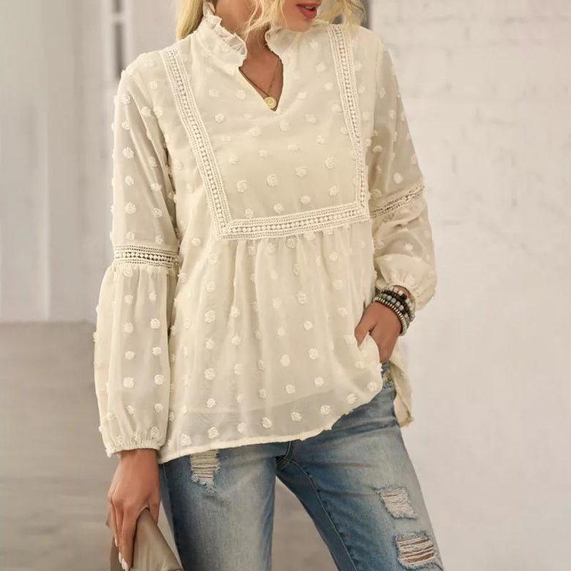 Women’s long-sleeve V-neck casual blouse by Plush Fashion Hub, featuring a comfortable fit and versatile business casual style.