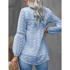 Women’s long-sleeve V-neck business casual blouse by Plush Fashion Hub, shown in a relaxed fit with a soft fabric and elegant design.