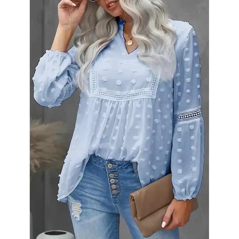 Women’s long-sleeve V-neck business casual blouse by Plush Fashion Hub, shown in a relaxed fit with soft fabric and versatile style.