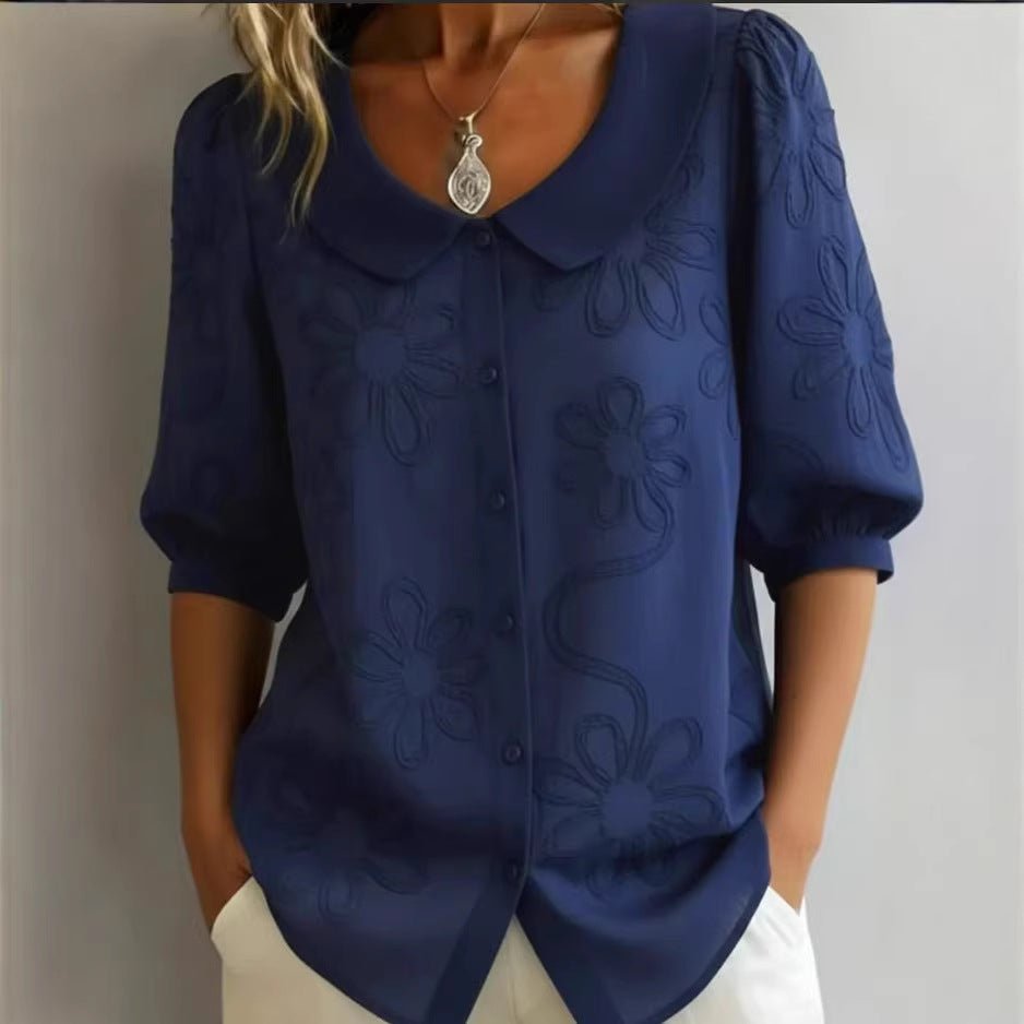 Women's loose-fit retro floral shirt with 3D embroidery and buttons, casual top by Plush Fashion Hub.