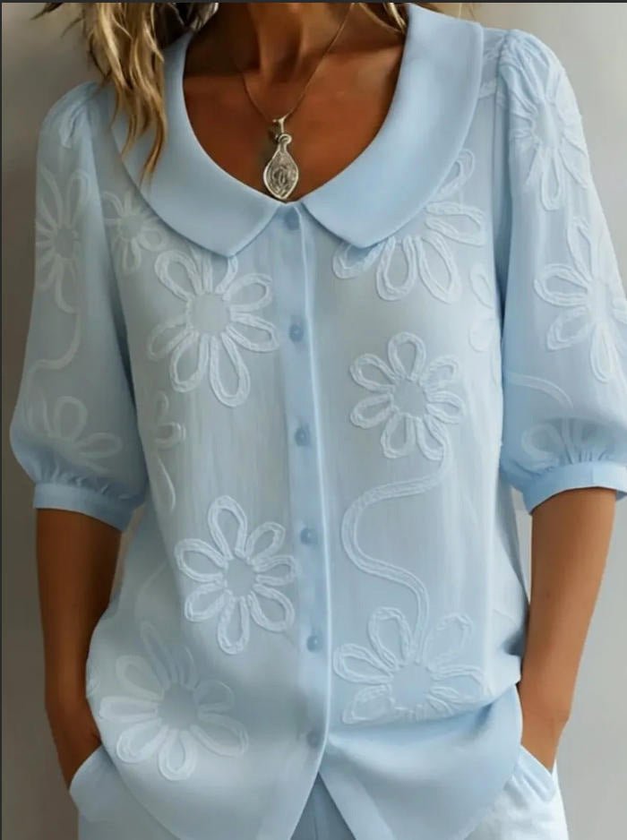 Women's loose-fit retro floral shirt with 3D embroidery and buttons, casual top by Plush Fashion Hub.
