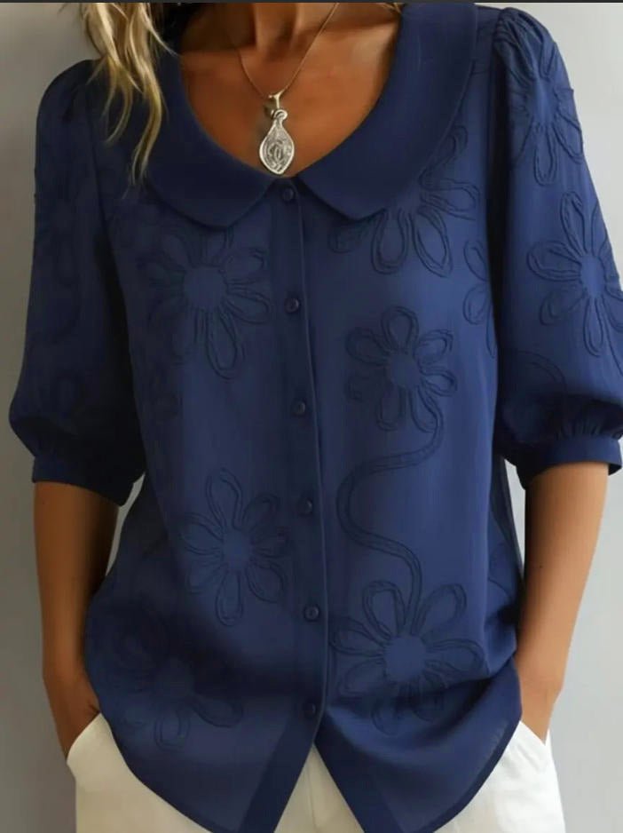 Women's loose-fit retro floral shirt with 3D embroidery and buttons, casual top by Plush Fashion Hub.