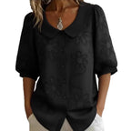 Women's loose-fit retro floral shirt with 3D embroidery and buttons, casual top by Plush Fashion Hub.