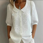 Women's loose-fit retro floral shirt with 3D embroidery and buttons, casual top by Plush Fashion Hub.