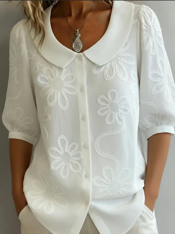 Women's loose-fit retro floral shirt by Plush Fashion Hub with 3D embroidery and buttoned casual top style.