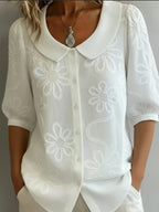 Women's loose-fit retro floral shirt by Plush Fashion Hub with 3D embroidery and buttoned casual top style.