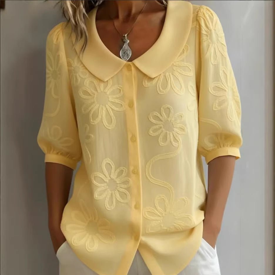Women's loose-fit retro floral shirt with 3D embroidery, buttoned casual top by Plush Fashion Hub, perfect for relaxed everyday wear.