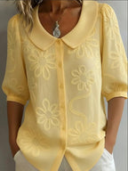 Women's loose-fit retro casual shirt with 3D embroidered floral design and button closure, by Plush Fashion Hub.