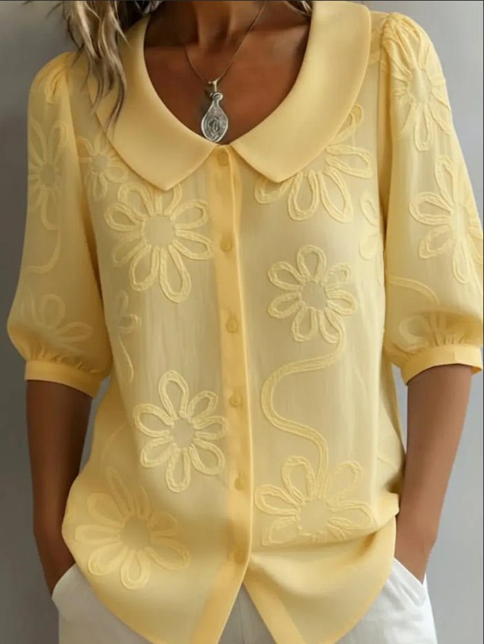 Women's loose-fit retro casual shirt with 3D embroidered floral design and button closure, by Plush Fashion Hub.