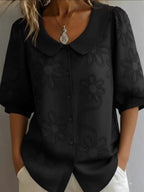 Women's loose-fit retro floral shirt with 3D embroidery by Plush Fashion Hub, featuring buttoned casual top design.