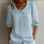 Women's loose-fit retro floral shirt with 3D embroidery and buttons, casual top by Plush Fashion Hub.