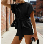 Women's loose round-neck casual top with lace-up bow-knot detail and short sleeves, from Plush Fashion Hub.