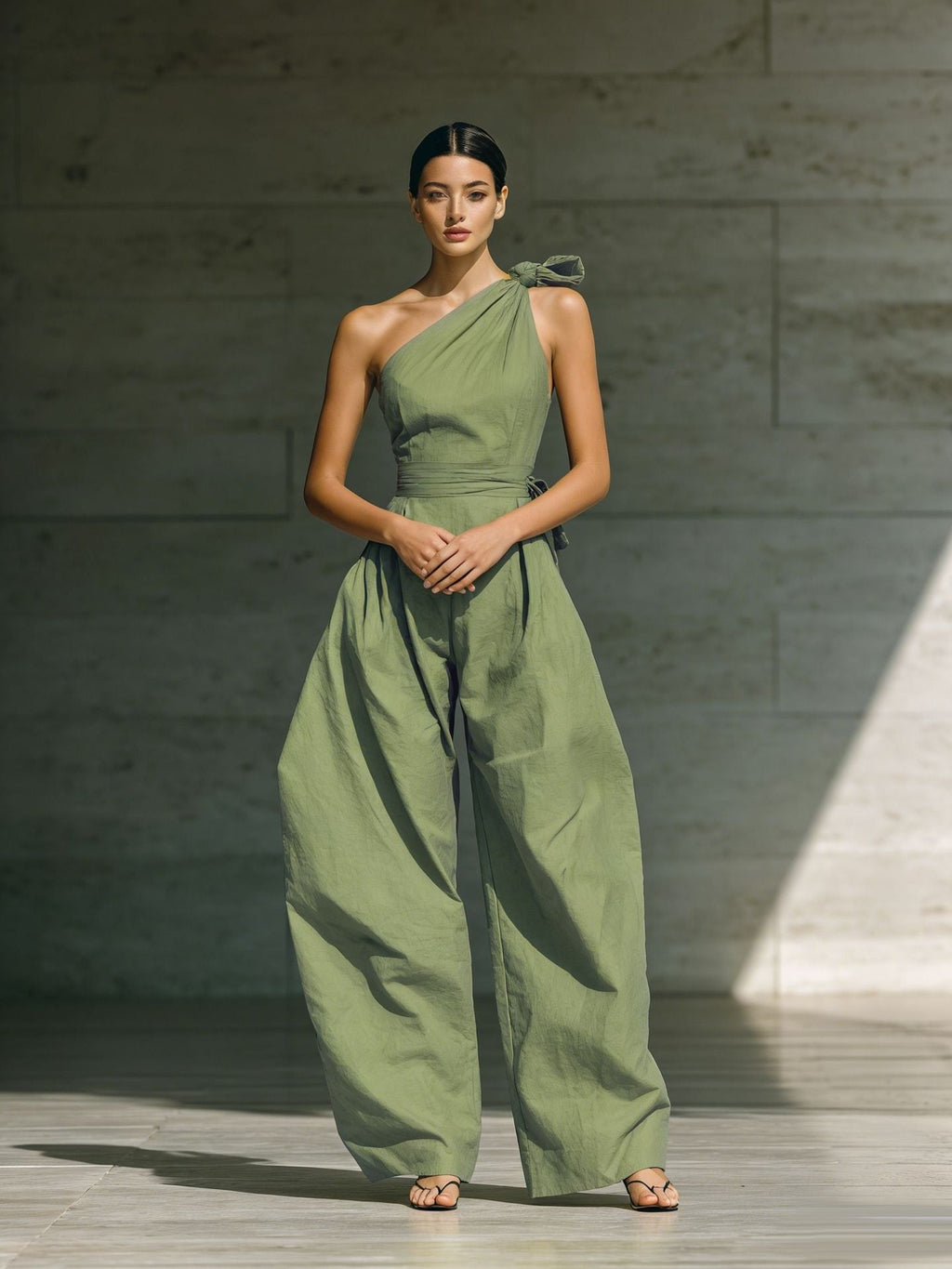 Women's loose sleeveless off-shoulder wide-leg jumpsuit from Plush Fashion Hub, featuring a belted waist and casual style.