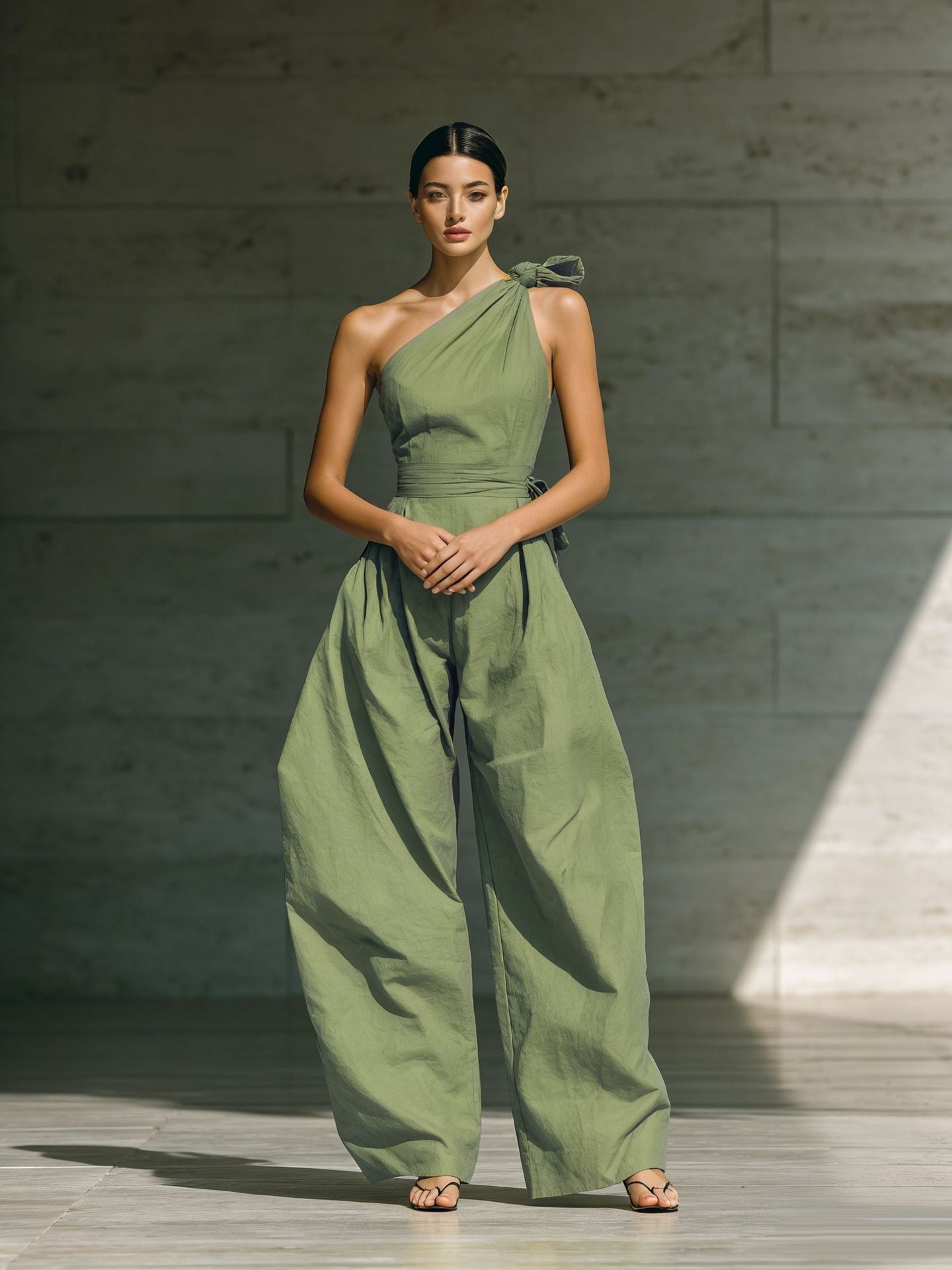 Women's loose sleeveless off-shoulder wide-leg jumpsuit from Plush Fashion Hub, featuring a belted waist and casual style.