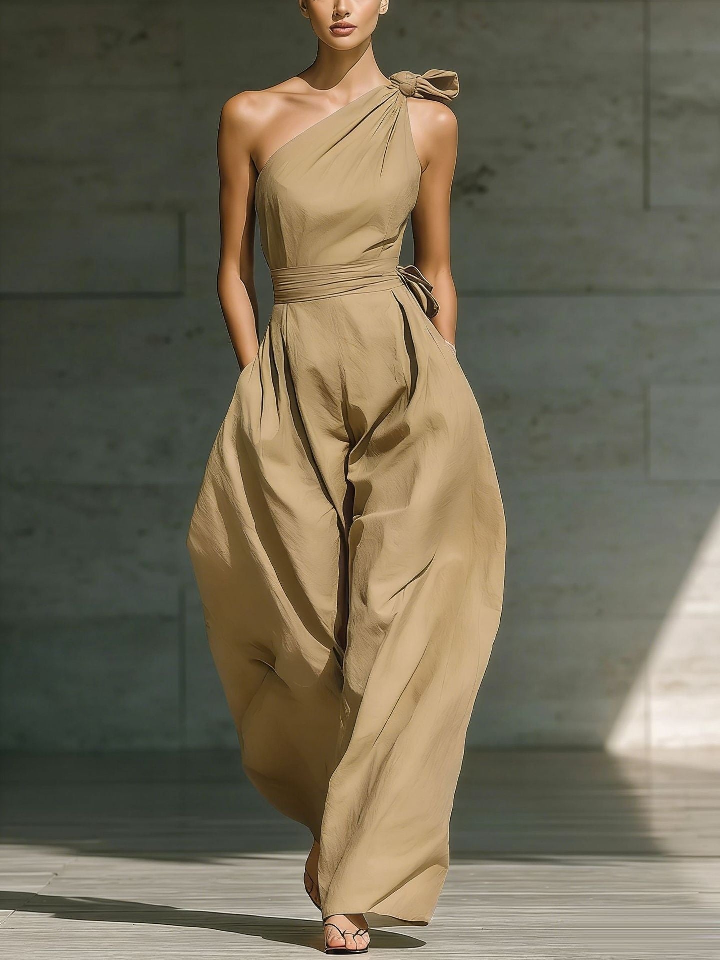 Women's loose sleeveless off-shoulder belted wide-leg jumpsuit from Plush Fashion Hub, shown on a model with casual style.