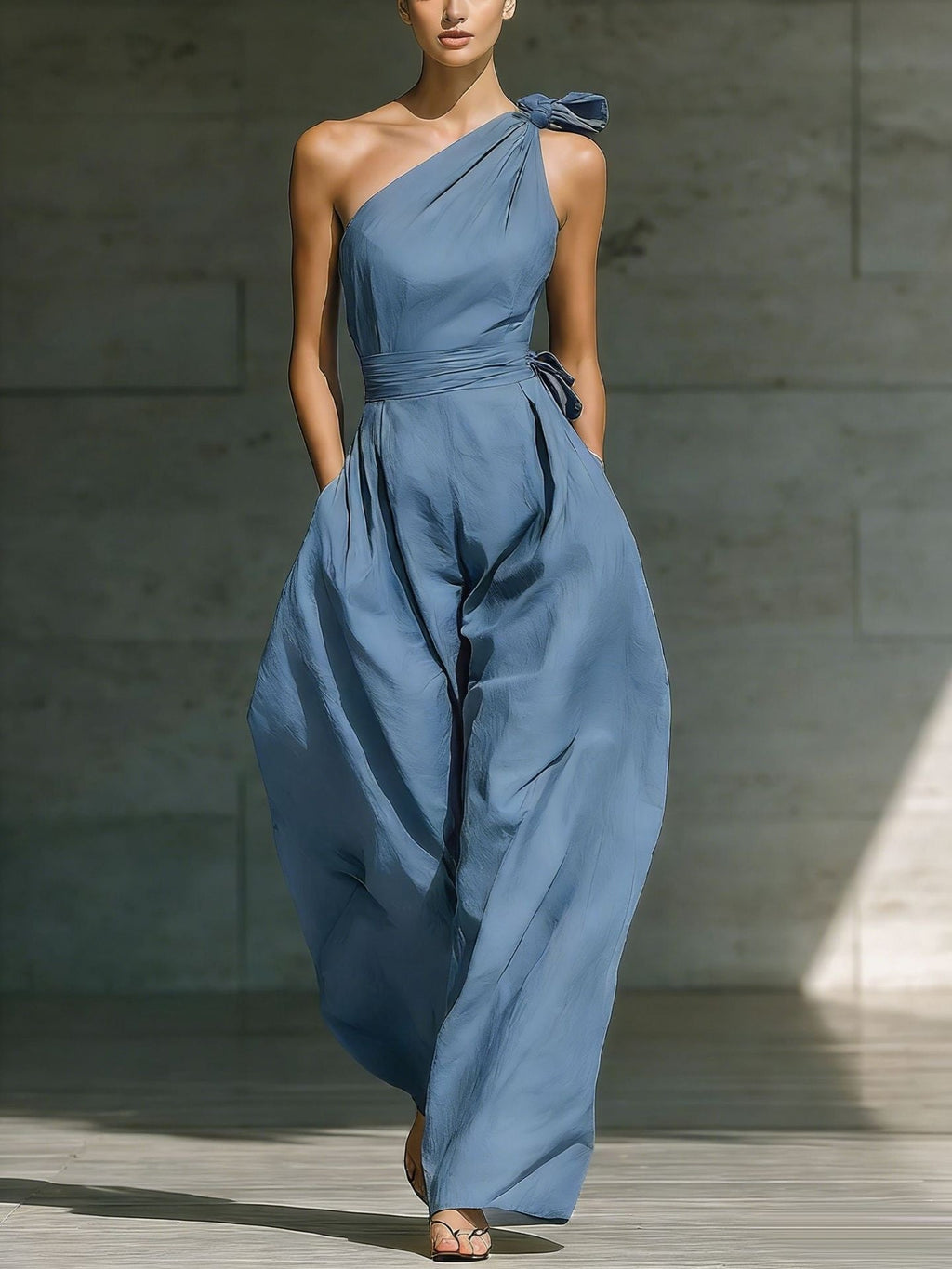 Women's loose sleeveless off-shoulder belted wide-leg jumpsuit in casualwear style, featuring a relaxed fit and wide-leg design.