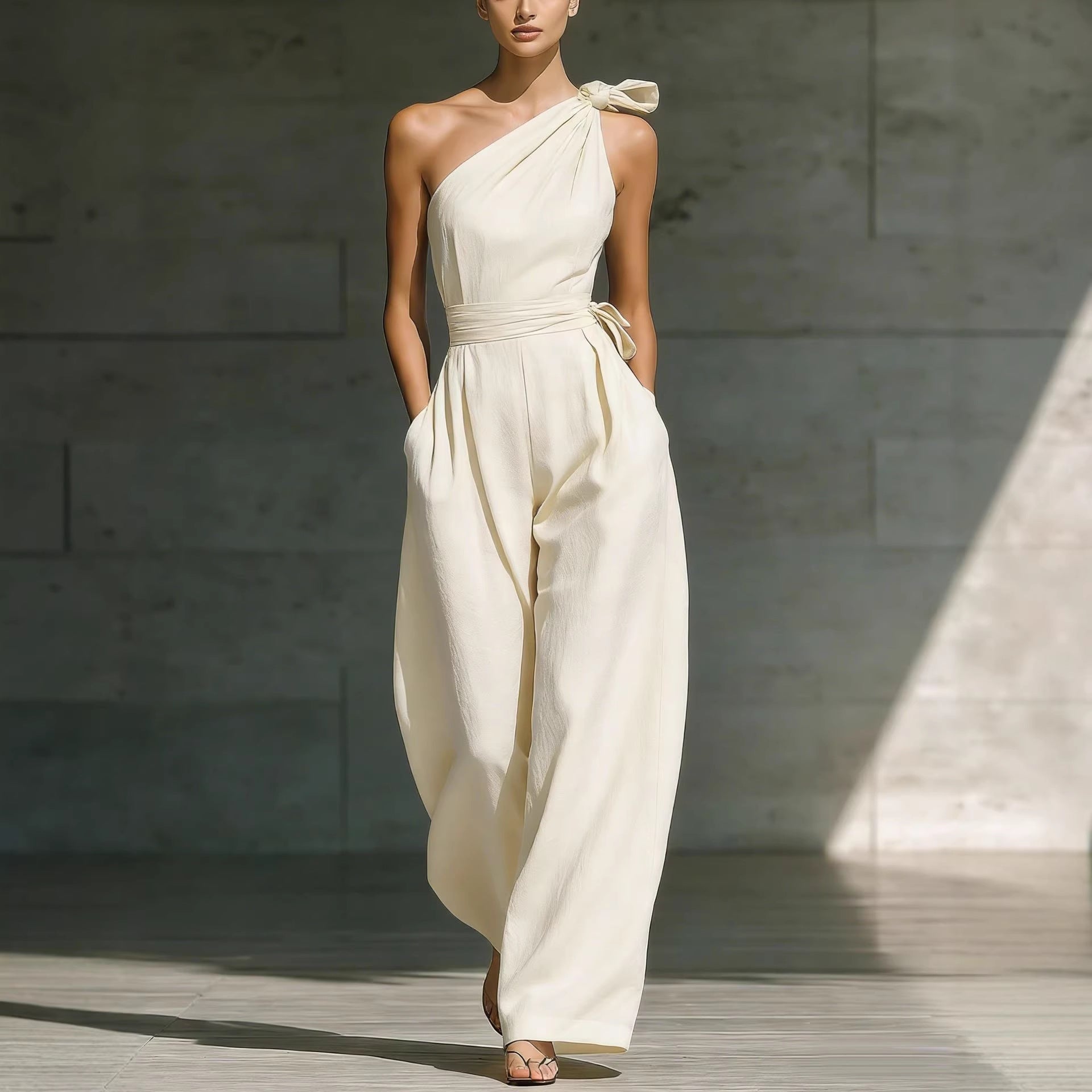 Women's loose sleeveless off-shoulder jumpsuit with a belted waist and wide-leg design, perfect for casualwear by Plush Fashion Hub.