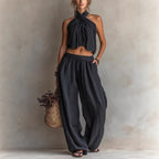 Women's linen blend sleeveless top and wide-leg pants set, casualwear by Plush Fashion Hub, shown laid flat with neutral background.