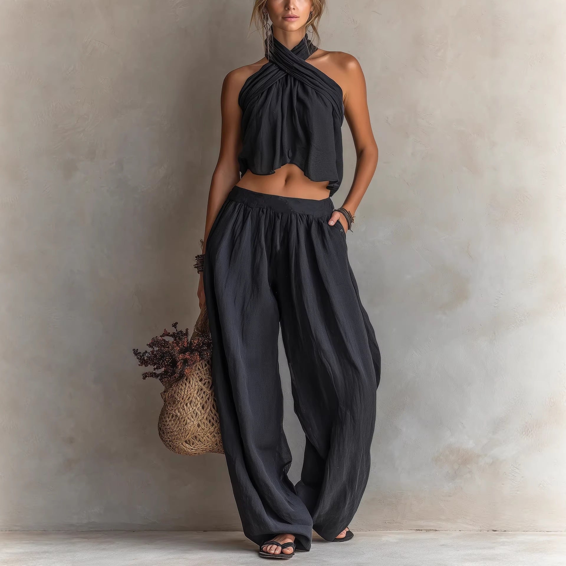 Women's linen blend sleeveless top and wide-leg pants set, casualwear by Plush Fashion Hub, shown laid flat with neutral background.
