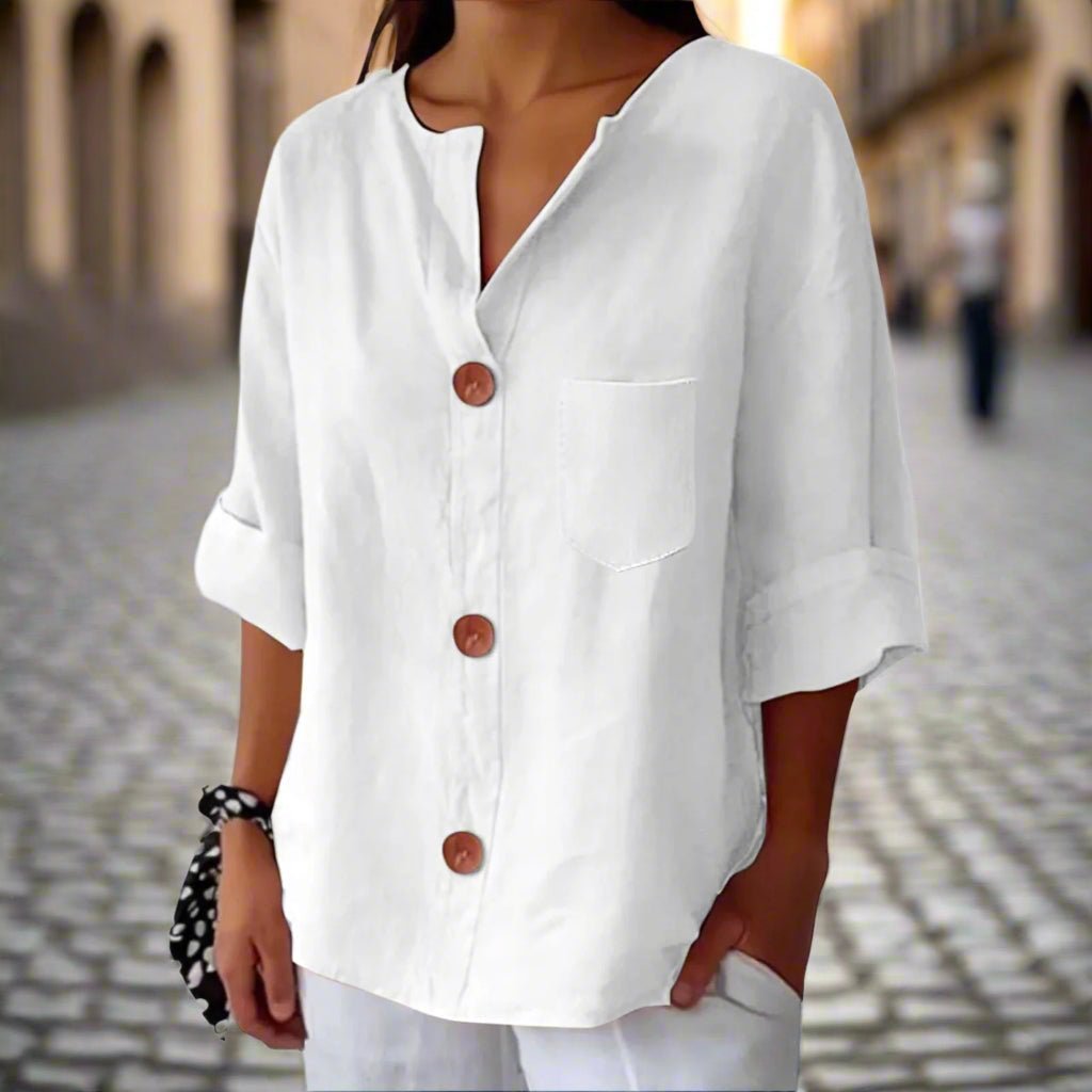 Women’s loose V-neck T-shirt by Plush Fashion Hub featuring cotton linen fabric and button details, perfect for casual wear.