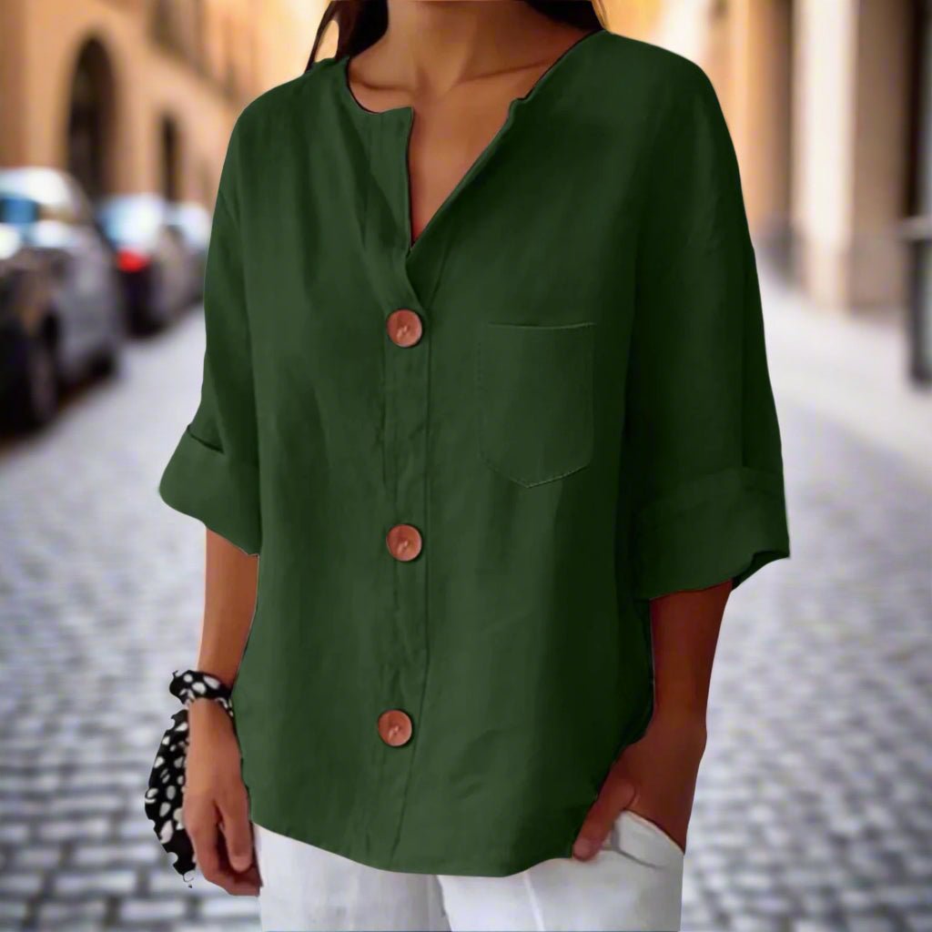 Women’s loose V-neck T-shirt made of cotton and linen with button details, casualwear top by Plush Fashion Hub.