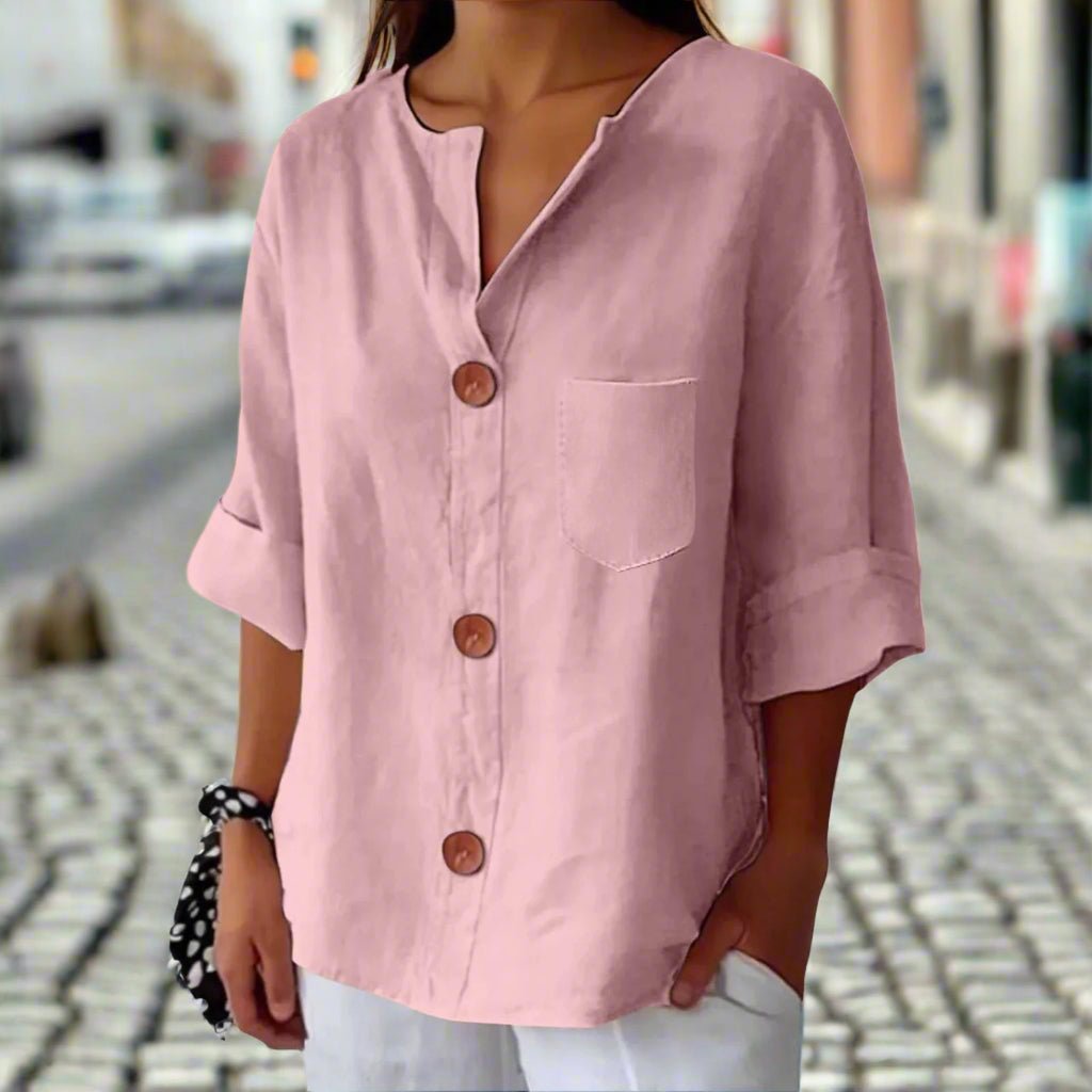 Women's loose V-neck T-shirt by Plush Fashion Hub, cotton linen button top, casualwear with relaxed fit and breathable fabric.