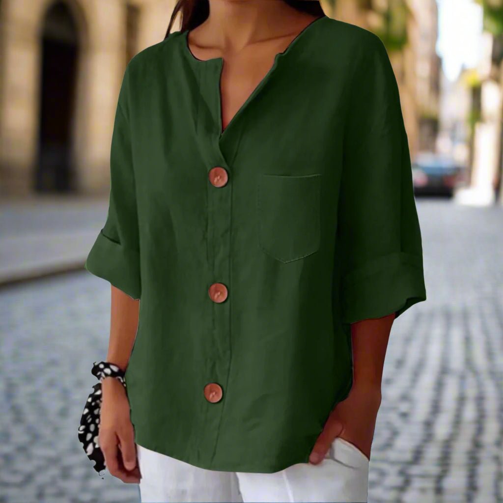 Women’s loose V-neck T-shirt from Plush Fashion Hub, cotton linen button top, casualwear with relaxed fit and stylish design.