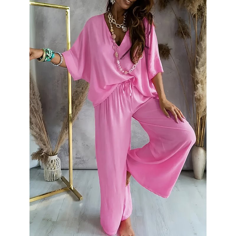 Women’s lounge set with wide-leg pants by Plush Fashion Hub, featuring a comfortable, casualwear outfit perfect for relaxed days.