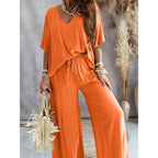 Women’s lounge set with wide-leg pants from Plush Fashion Hub, casualwear for comfortable, relaxed style.