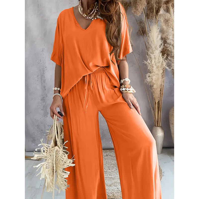 Women’s lounge set with wide-leg pants from Plush Fashion Hub, casualwear for comfortable, relaxed style.