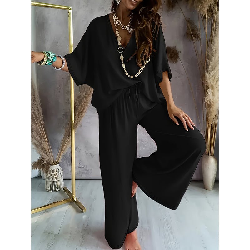 Women’s casual lounge set with wide-leg pants by Plush Fashion Hub, featuring a comfortable, relaxed fit and stylish design.