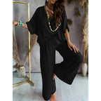 Women’s casual lounge set with wide-leg pants by Plush Fashion Hub, featuring a comfortable, relaxed fit and stylish design.