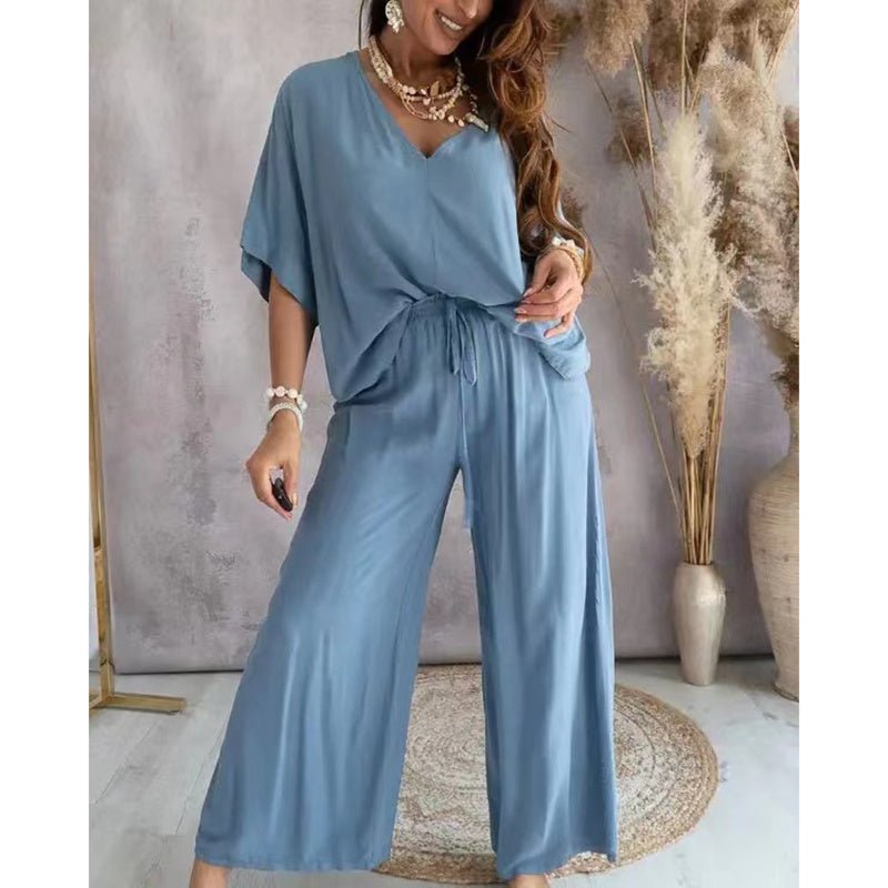 Women’s casual lounge set with wide-leg pants from Plush Fashion Hub, featuring comfortable, relaxed fit and soft fabric.