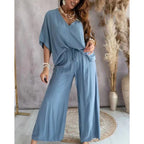 Women’s casual lounge set with wide-leg pants from Plush Fashion Hub, featuring comfortable, relaxed fit and soft fabric.