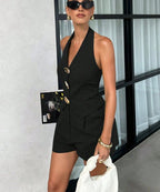 Women's casual metal button V-neck vest and shorts set by Plush Fashion Hub, featuring a stylish V-neck and metallic buttons.