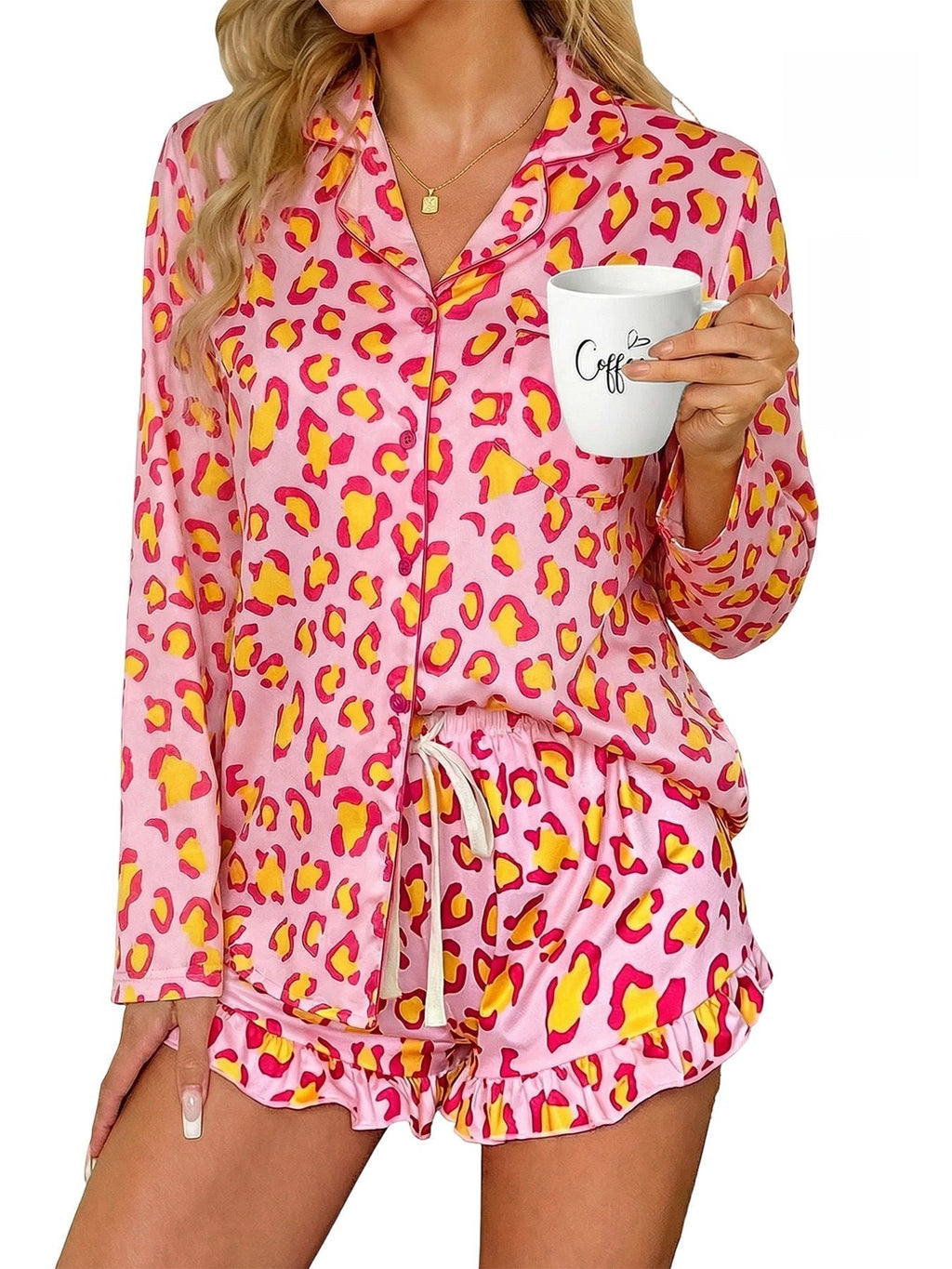 Women’s milk silk leopard print pajama set by Plush Fashion Hub, featuring a comfortable and stylish casualwear sleepwear ensemble.