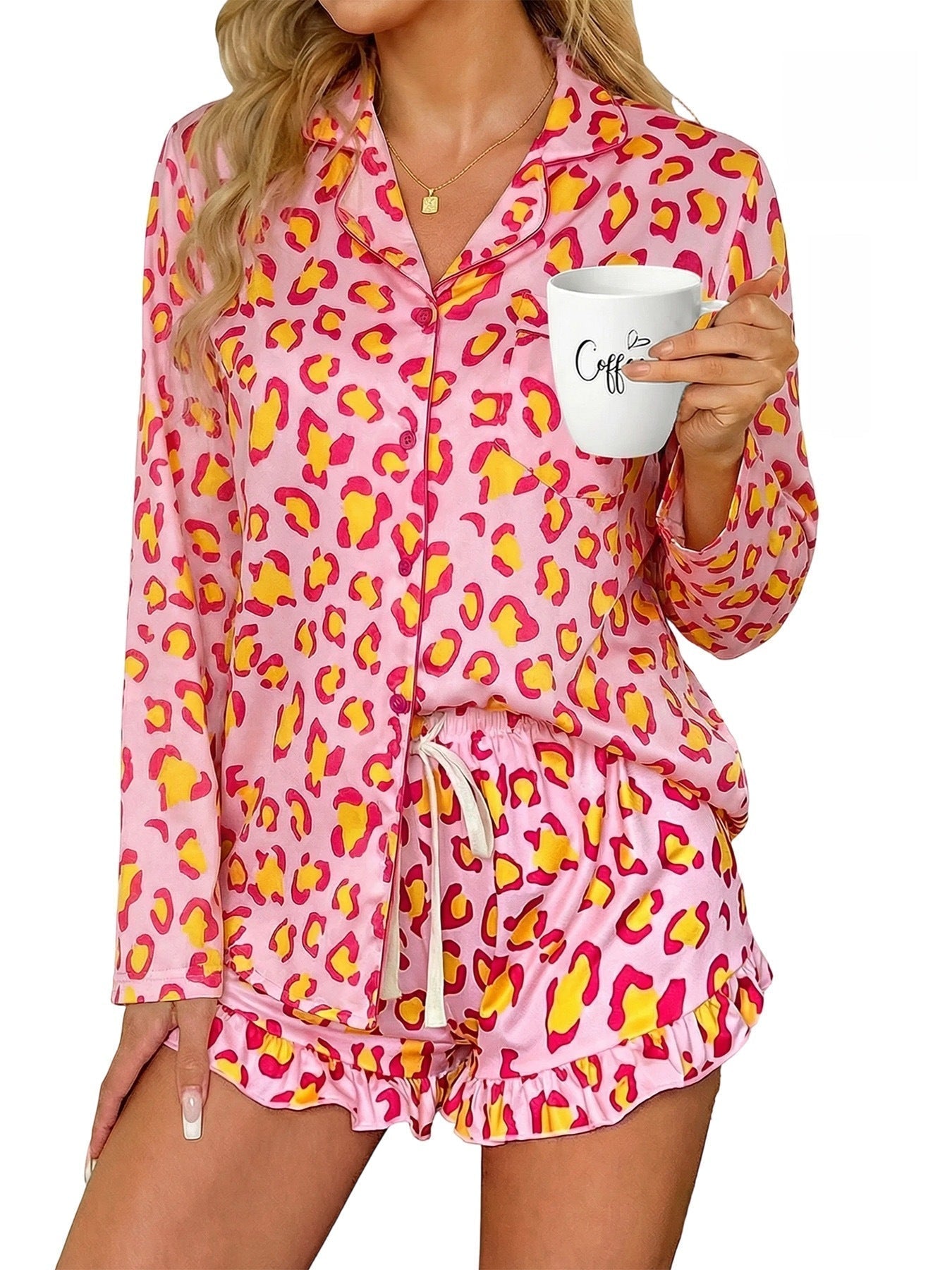 Women’s milk silk leopard print pajama set by Plush Fashion Hub, featuring a comfortable and stylish casualwear sleepwear ensemble.