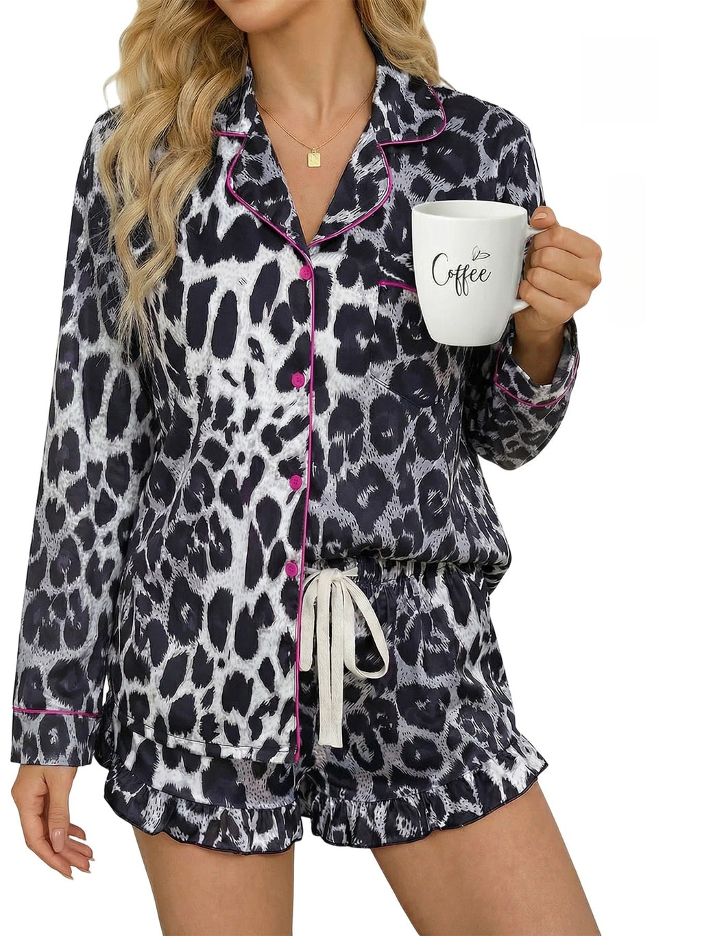 Women’s milk silk leopard print pajama set by Plush Fashion Hub, featuring comfortable casualwear with a stylish animal print design.
