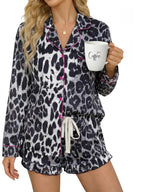 Women’s milk silk leopard print pajama set by Plush Fashion Hub, featuring comfortable casualwear with a stylish animal print design.