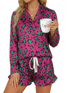 Women’s milk silk leopard print pajama set by Plush Fashion Hub, featuring comfortable casualwear with a stylish animal print design.